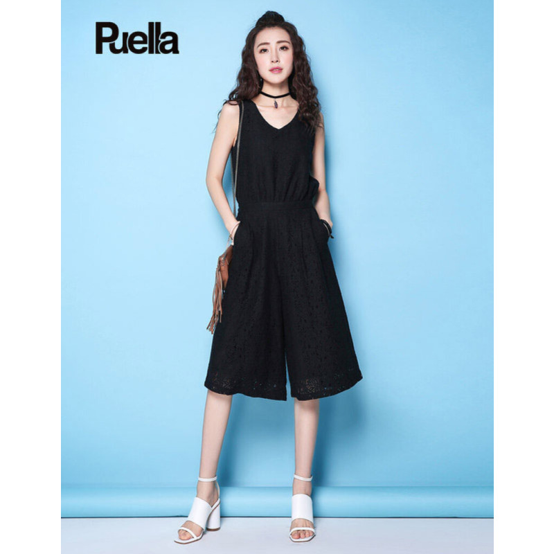 拉夏贝尔Puella普埃拉2018夏装新款淑女修身纯色无袖七分连体裤20007736