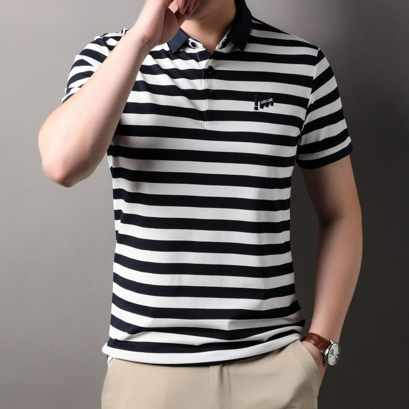 免烫条纹男士短袖t恤青年休闲薄款丝光棉透气polo衫短袖夏季t恤