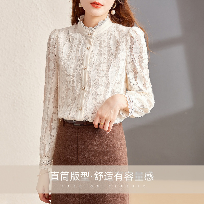 OUNIXUE欧昵雪 | [花边拼接加绒蕾丝衫]秋冬季淑女立领直筒上衣时尚衬衫女