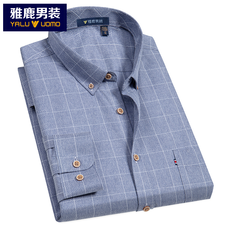 雅鹿男装长袖休闲衬衣棉混纺亲肤舒适格子男士长袖衬衫153D1902