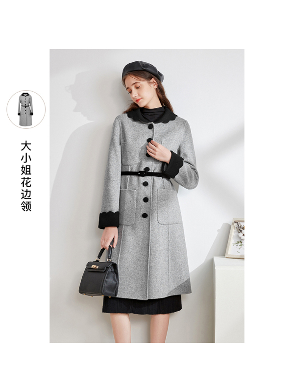 三彩2020冬季新款花边领中长款毛呢大衣优雅赫本风长大衣女