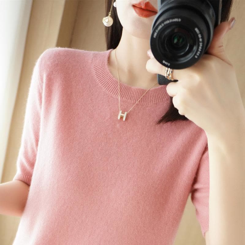 新款针织衫短袖T恤女圆领半袖宽松毛衣外穿内搭修身套头打底上衣图片