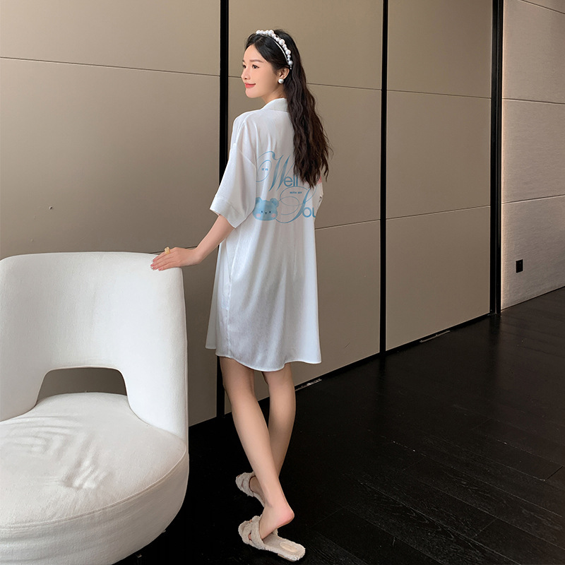 Ceba睡衣女缎面睡裙夏季冰丝薄款大码可爱卡通家居服可外穿