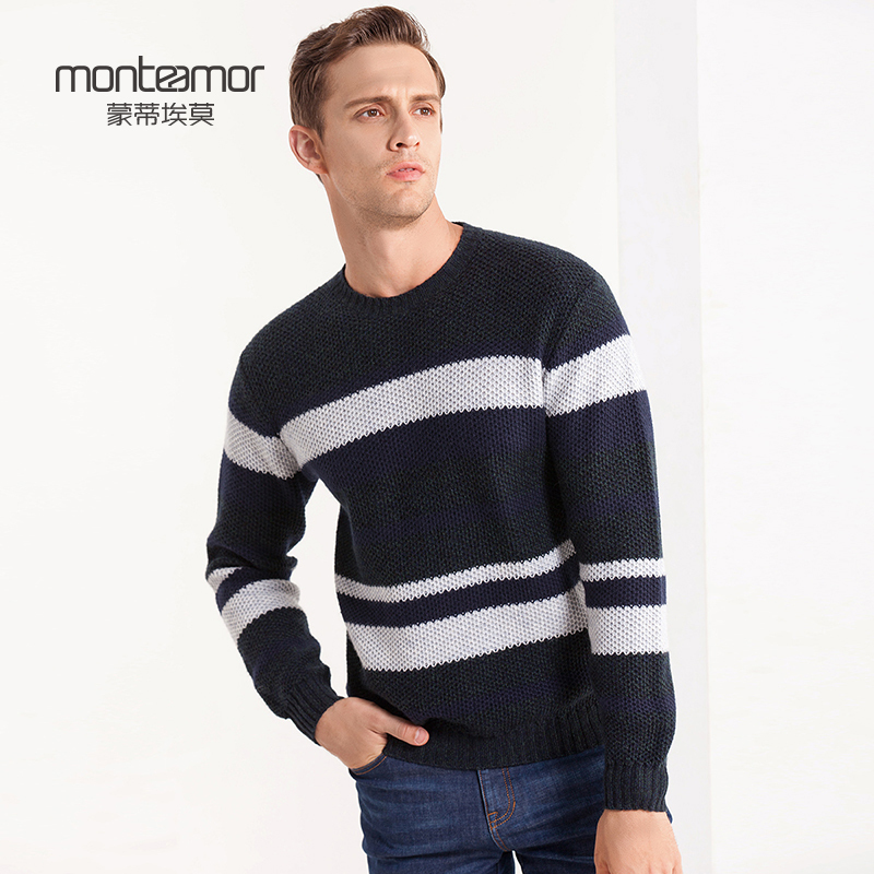 蒙蒂埃莫(monteamor)温暖舒适菠萝纹间条羊毛男士圆领套头毛衣