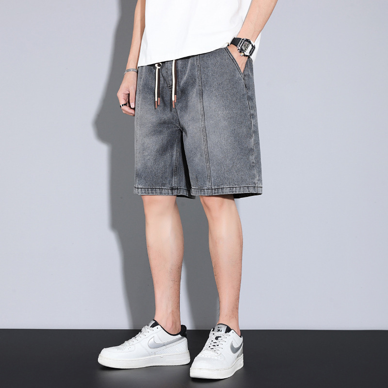 美式设计感抽绳牛仔短裤男士夏季薄款宽松潮牌男生五分休闲中裤子
