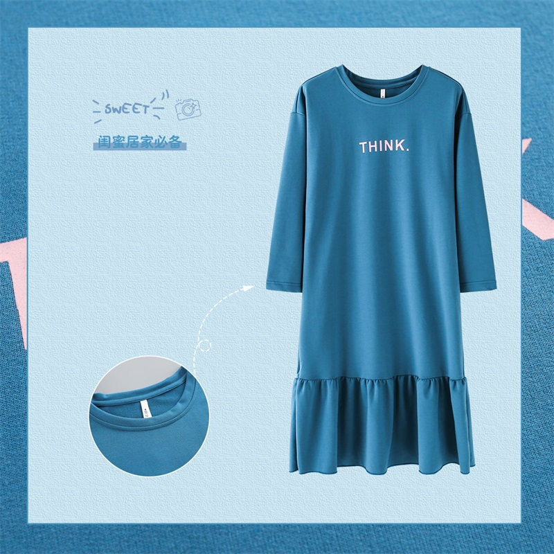 安之伴秋季纯棉长袖睡裙简约休闲韩版宽松大码可外穿家居服女睡衣
