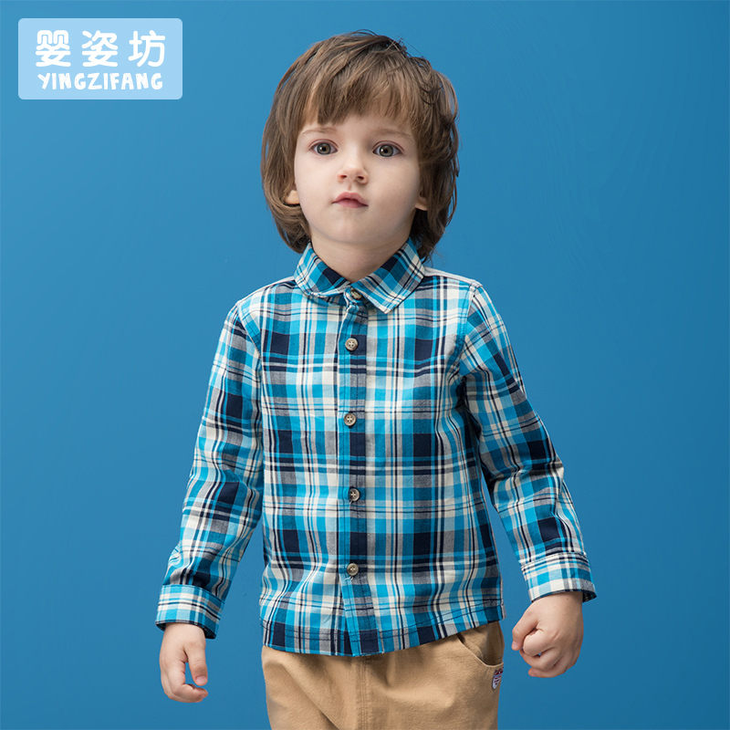 婴姿坊男童休闲格仔拼接衬衣春秋款儿童时尚个性长袖上衣