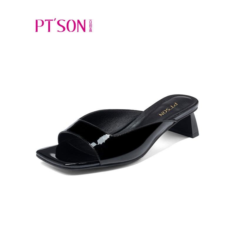 百田森夏季新款小香风拼色方头拖鞋时尚异形粗跟真皮凉拖鞋女图片