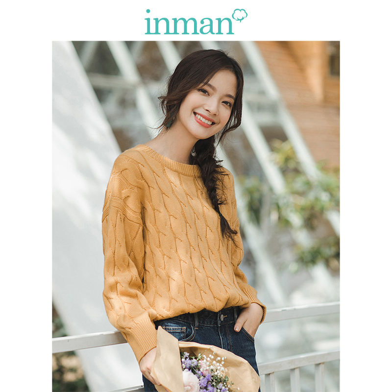 茵曼女装春秋圆领厚实复古文艺麻花宽松毛衣女套头慵懒风外穿