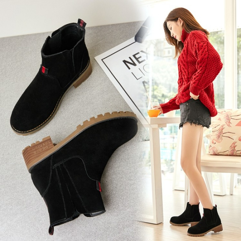 格瑞迪欧切尔西靴牛皮女粗跟2018新款磨砂小短靴季翻毛皮大码复古马丁