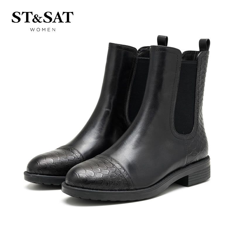St&Sat/星期六冬季新款牛皮拼接蛇纹圆头短靴女鞋SS64117122图片