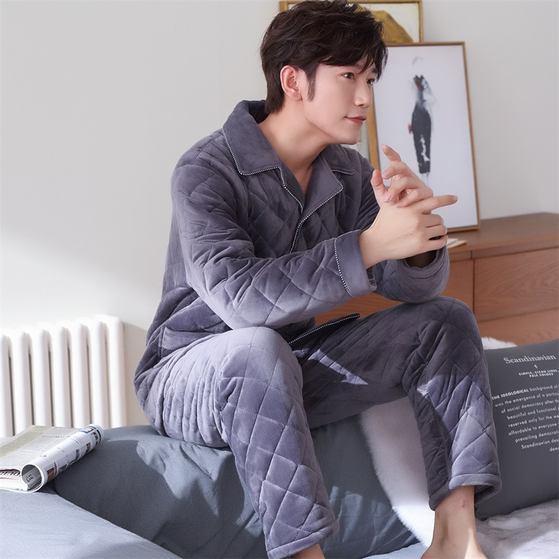 安之伴贝贝绒睡衣男士冬夹棉加厚长袖裤保暖家居服套装