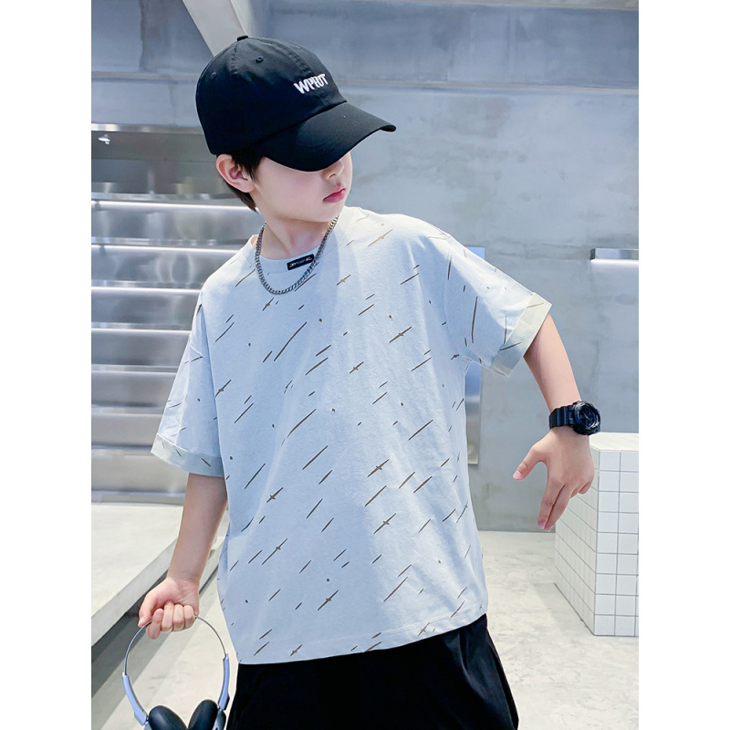 男童短袖T恤2025新款夏季洋气时髦炸街中大童男孩夏装宽松半袖潮T