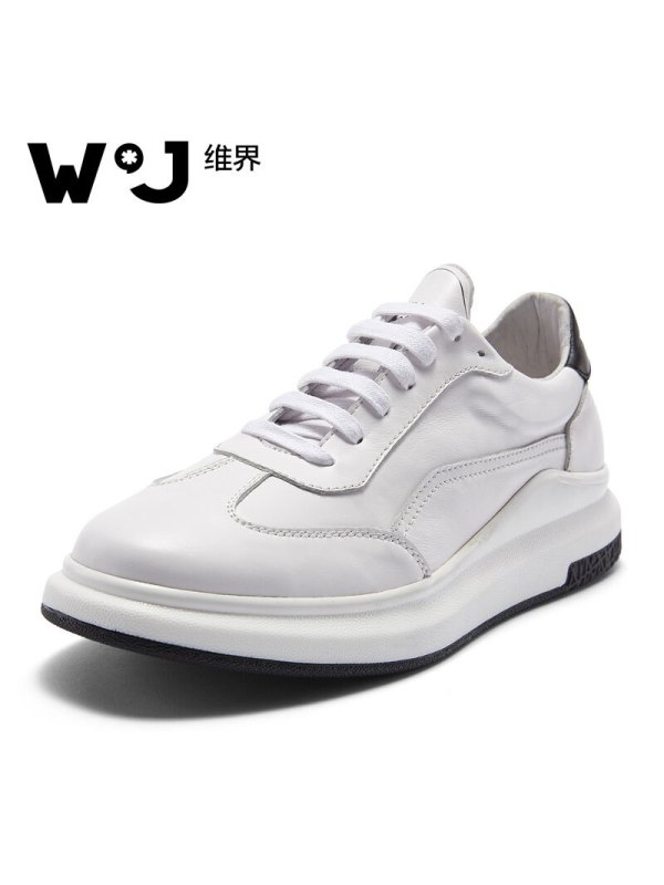 维界W*J秋季新款休闲鞋简约大气新款牛皮拼接板鞋 白色 38