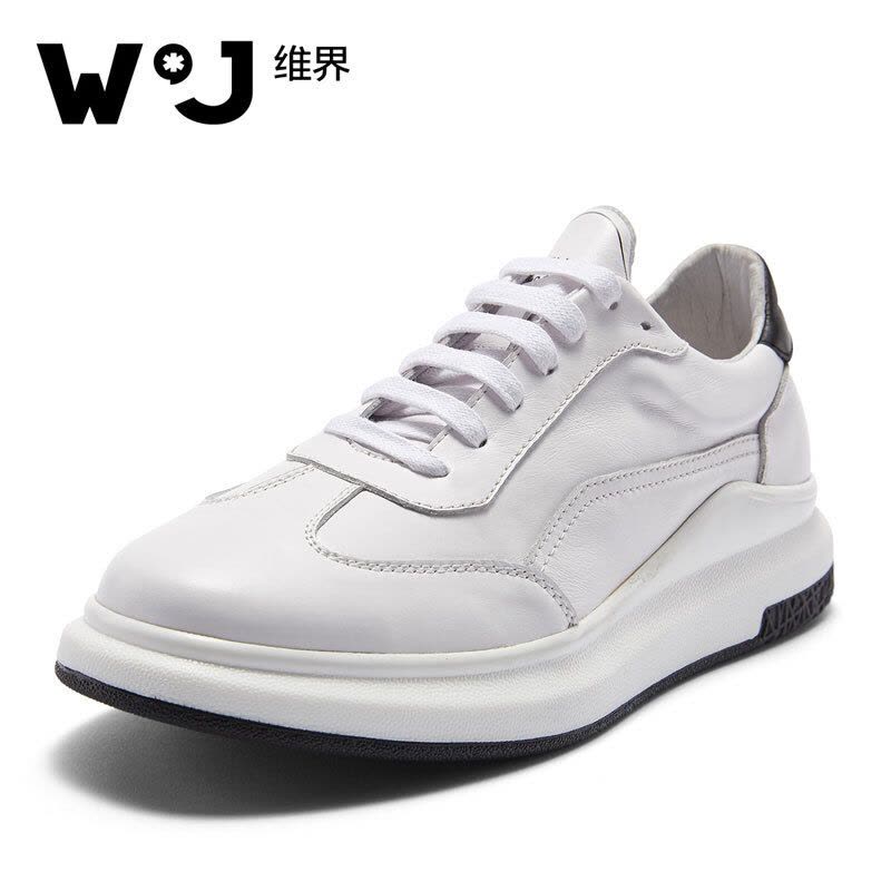维界W*J秋季新款休闲鞋简约大气新款牛皮拼接板鞋 白色 38图片