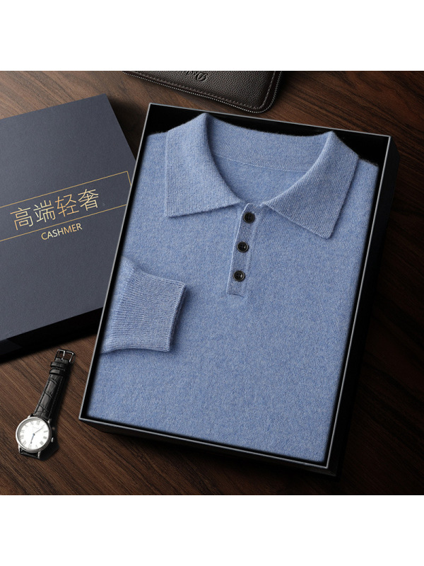 山羊绒衫男衬衣POLO领商务休闲长袖套头羊毛毛衣针织衫宽松打底衫
