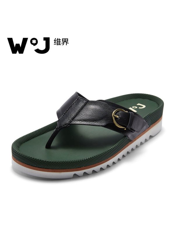 维界WATCHJADY拖鞋 防滑舒适新款牛皮百搭勃肯鞋人字拖 绿黑色 38