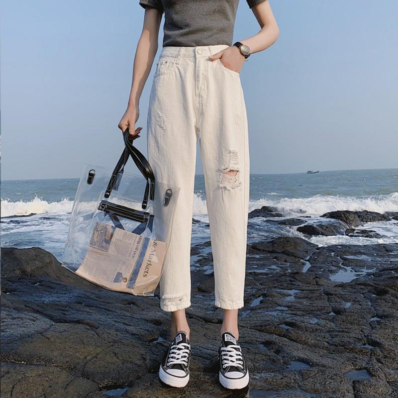如熙破洞牛仔裤女宽松九分阔腿老爹裤cec直筒萝卜