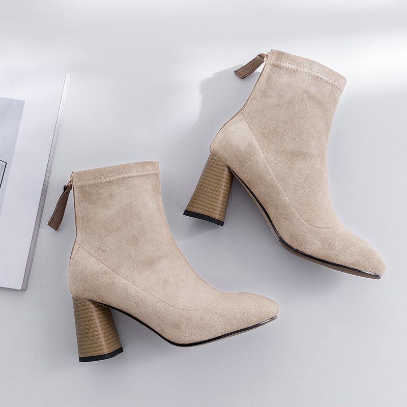 阿么冬季新款欧美粗高跟时尚后拉链流苏中筒女靴百搭弹力短靴