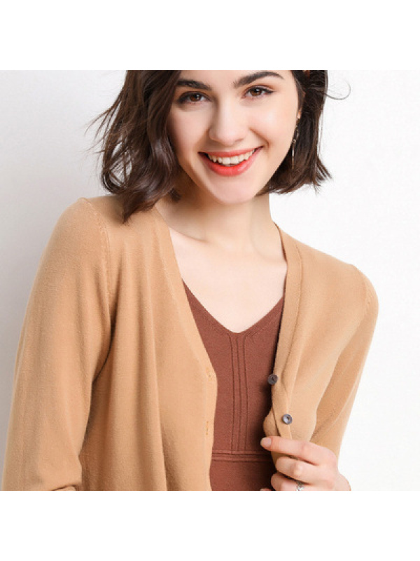 春季新款针织开衫女V领百搭外套纯色短款长袖毛衣薄线衣