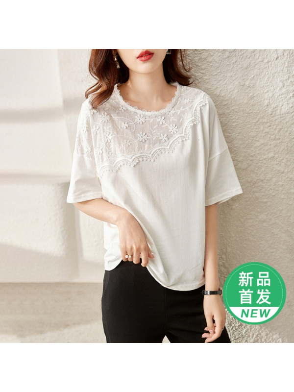 OUNIXUE欧昵雪 | [立体花拼接T恤]夏季时尚宽松休闲镂空清新蕾丝花边短袖上衣女