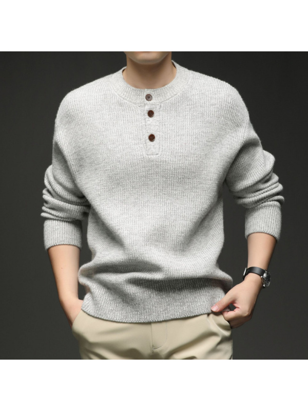 三粒扣圆领粗纺毛衣男秋冬新款时尚休闲百搭男士针织衫