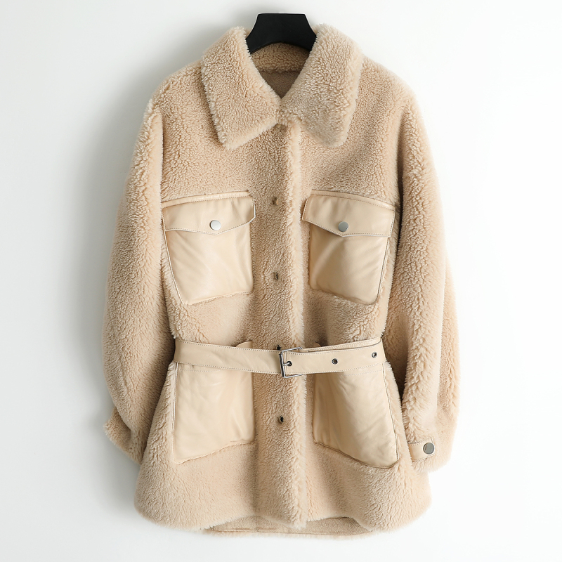 女士时尚绵羊皮大颗粒羊剪绒大衣复合皮毛一体羊毛皮草外套