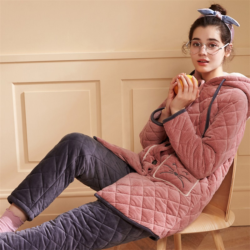 安之伴贝贝绒加厚夹棉睡衣女冬带帽外穿家居服套装