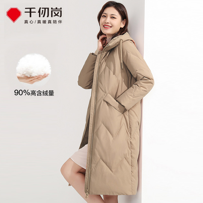 千仞岗新款羽绒服女抽绳连帽简约纯色中长款连帽保暖