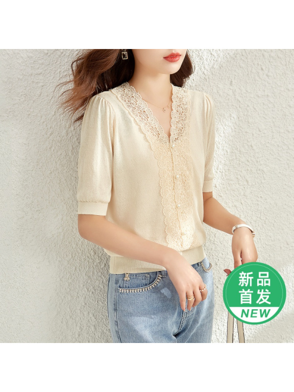OUNIXUE欧昵雪 | [气质套头短袖]夏季淑女范花边拼接V领文艺针织衫T恤女士