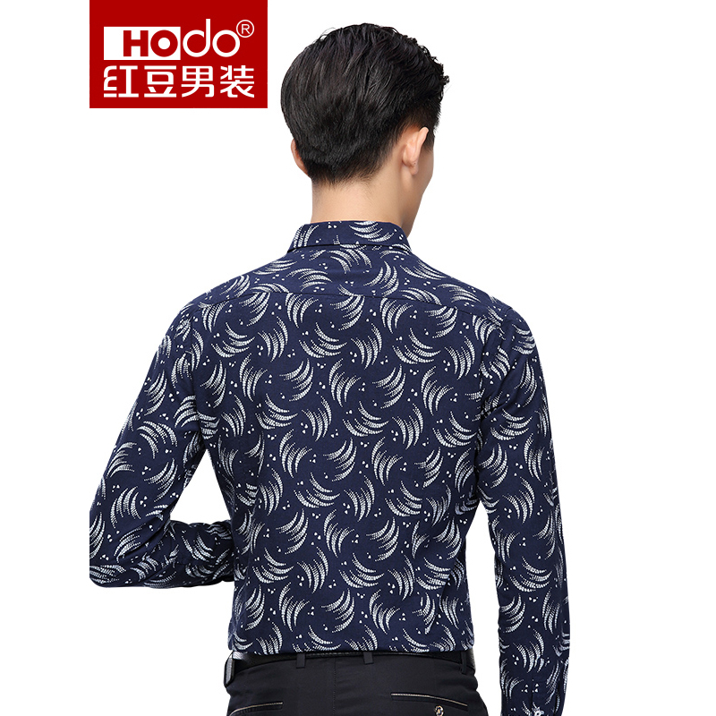 HODO红豆男装春秋季男士衬衫轻商务休闲印花棉麻修身扣领长袖衬衫男