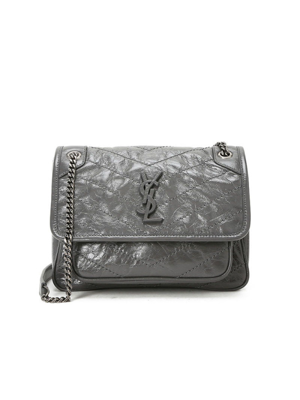 YSL 圣罗兰 NIKI 单肩包 斜挎包 口盖包迷你 字母LOGO褶皱皮633160银链