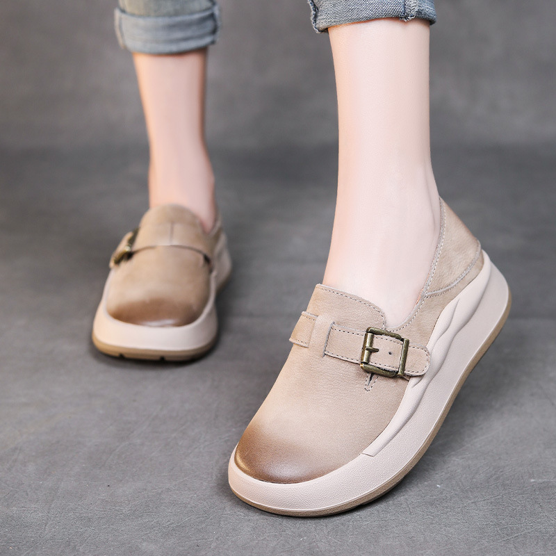 厚底勃肯鞋头层牛皮休闲鞋女平底单鞋春季一脚蹬丑萌软底女鞋