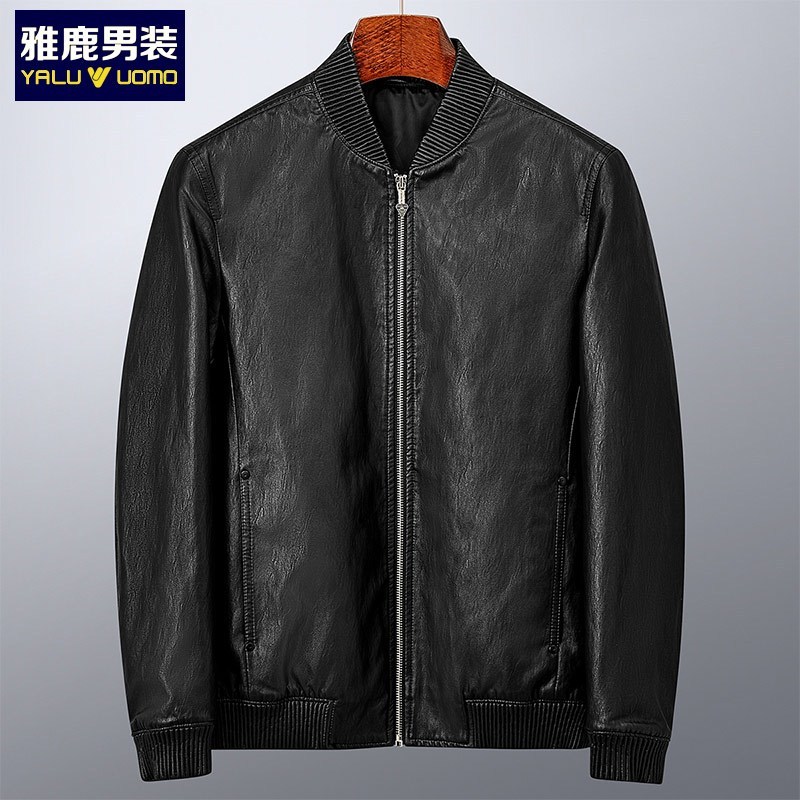 雅鹿男装新品休闲棒球领皮夹克外套男士皮衣1103PA01819