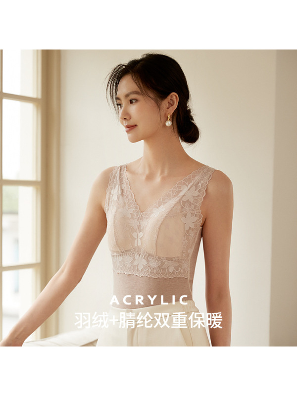 [羽绒蚕丝]保暖背心女士带胸垫V领蕾丝一体杯秋冬发热保暖马甲