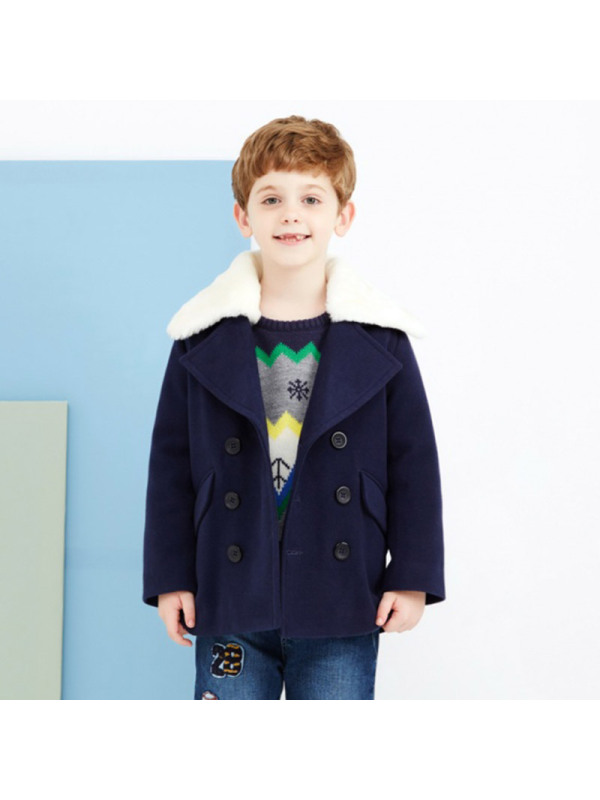 moomoo莫莫童装男童毛呢大衣秋冬毛领外套大中童翻领呢大衣