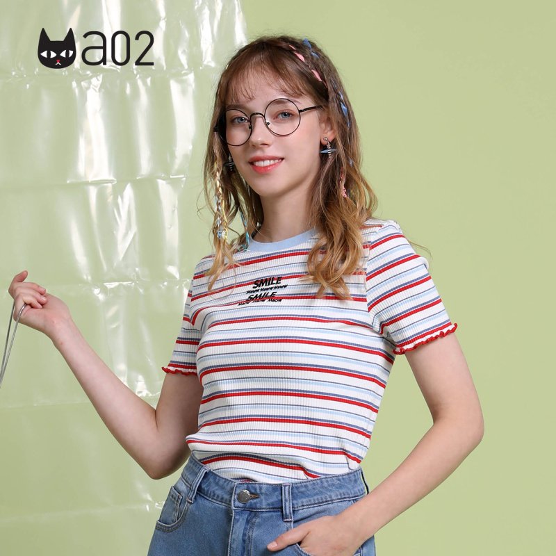 a02新款2020少女减龄撞色条纹拼接木耳边短款T恤女夏DTV2D0751KT
