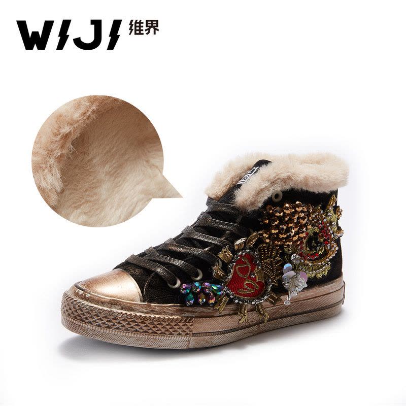 WIJI冬季新款加绒保暖高帮帆布鞋休闲舒适个性潮流青春靓丽女鞋女图片
