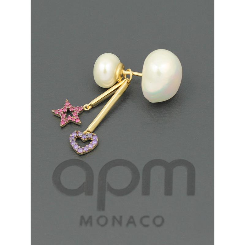 apmmonaco单个心形和星星珍珠耳环女士时尚设计感耳坠长款银耳饰前后