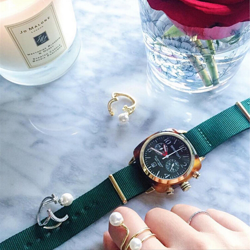 briston手表男女情侣运动欧美潮流石英手表绿带绿盘玫瑰金色