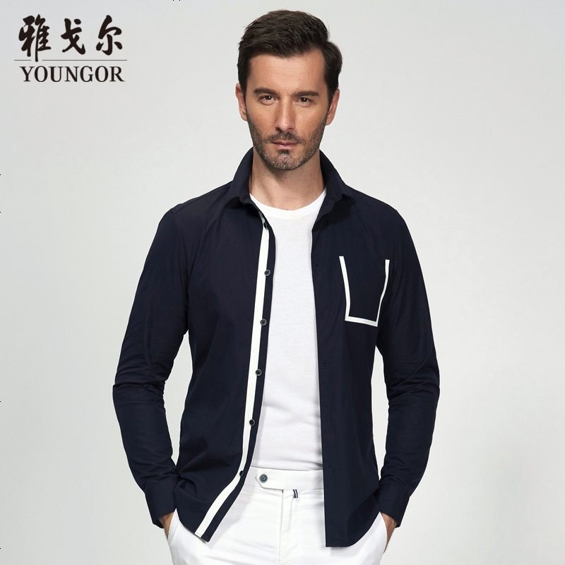 Youngor/雅戈尔秋冬新品男士商务正装纯棉蓝色修身长袖衬衫169FJY