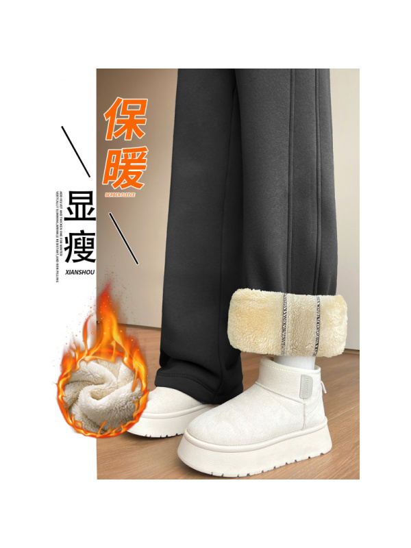 灰色加绒运动裤女裤秋冬季加厚棉裤外穿窄版直筒羊羔绒阔腿卫裤子