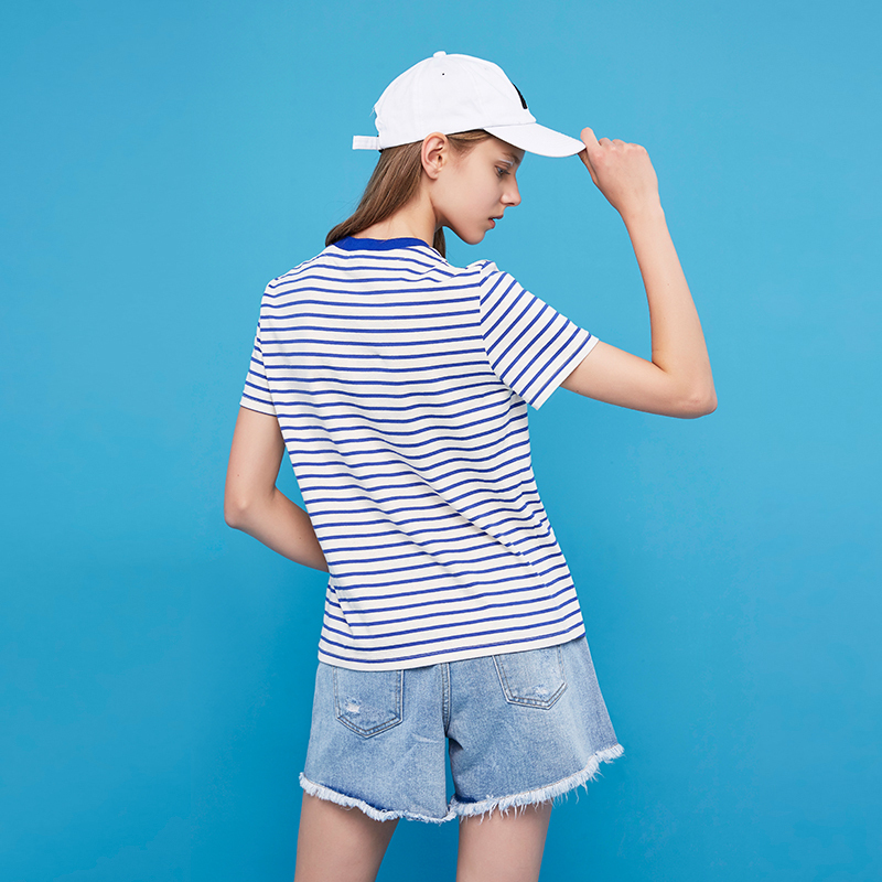 初语X型棉麻彩色条纹短袖T恤上衣女显瘦