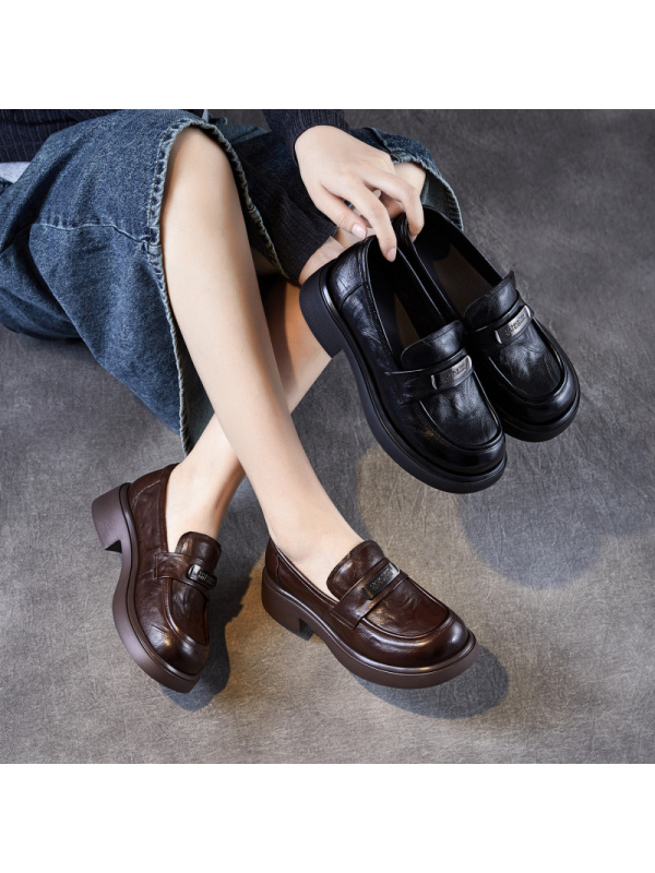 真皮轻奢女鞋秋季新款软底乐福鞋英伦风小皮鞋一脚蹬厚底单鞋