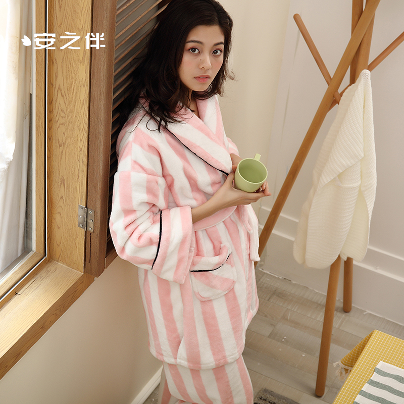 安之伴珊瑚绒睡衣女冬保暖甜美可爱开衫法兰绒家居服套装加厚宽松