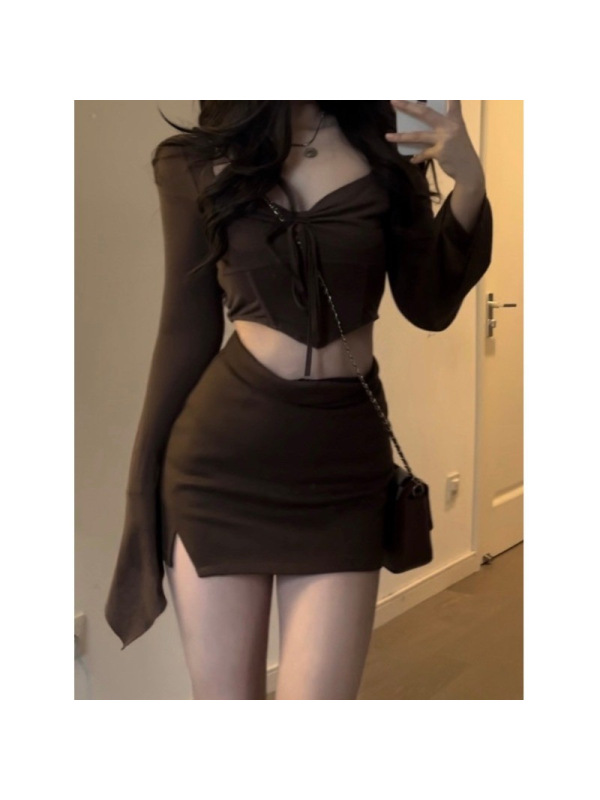 纯欲风辣妹小个子套装春秋甜美抽绳褶皱短款上衣+包臀短裙两件套