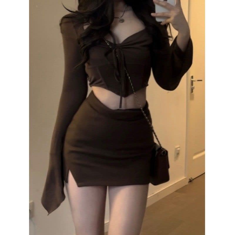 纯欲风辣妹小个子套装春秋甜美抽绳褶皱短款上衣+包臀短裙两件套图片