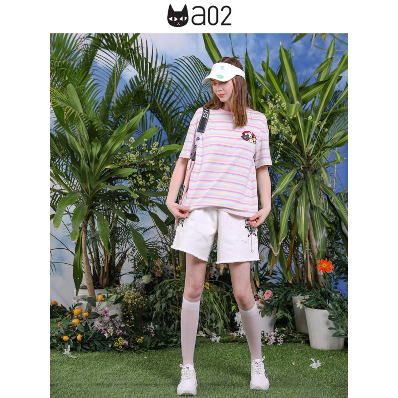a02新款2020活力撞色条纹拼接印花宽松短袖T恤女夏DTV2D0871KT