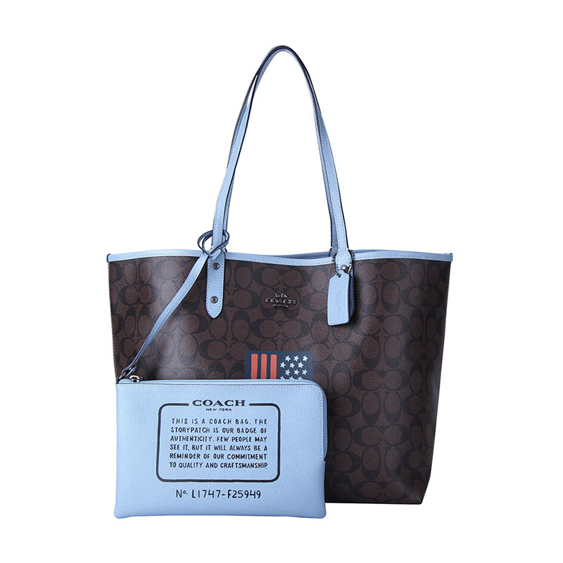 蔻驰(COACH) 手提包 女奢侈品 深咖蓝色边皮质欧美时尚敞口手提单肩双面托特包F25949