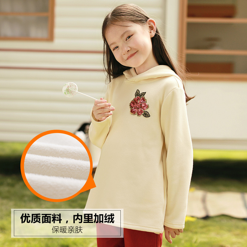①茵曼童装女童秋冬2018韩版 连帽长袖卫衣保暖加绒舒适上衣